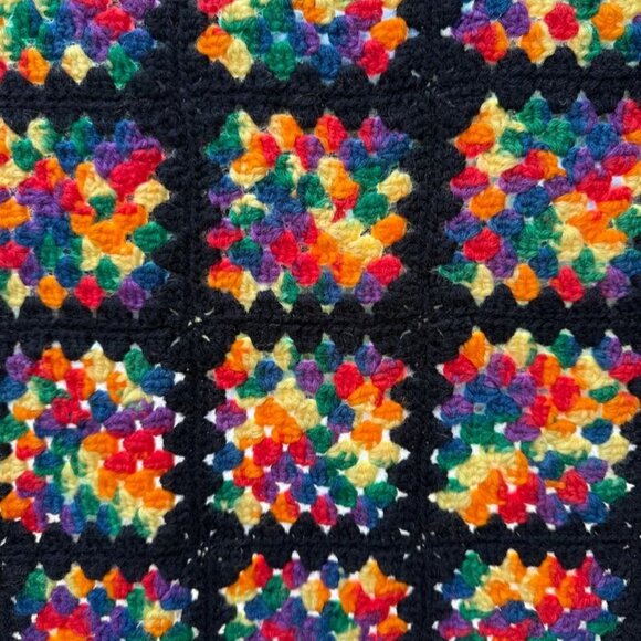 Vintage Black Rainbow Granny Square Afghan Throw 53" X 35" Handmade Crochet - Picture 6 of 10